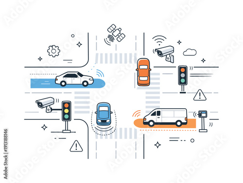 Efficient Traffic Flow. Traffic management infrastructure monitoring. Overhead city intersection with traffic lights, sensors, and moving cars visualized in a