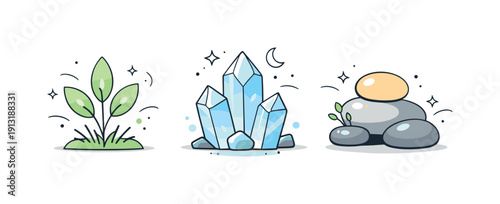 Glowing natural elements. Editorial illustration of plants, crystals, or stones emitting a gentle otherworldly glow, combining nature and
