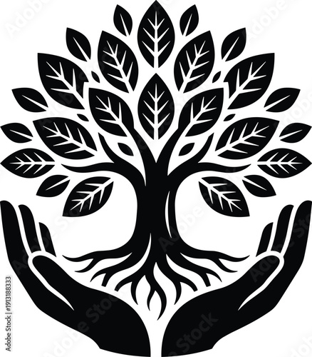 Minimalist black and white vector illustration of a stylized tree of life with sprawling roots being cradled by two cupped human hands symbolizing environmental protection.