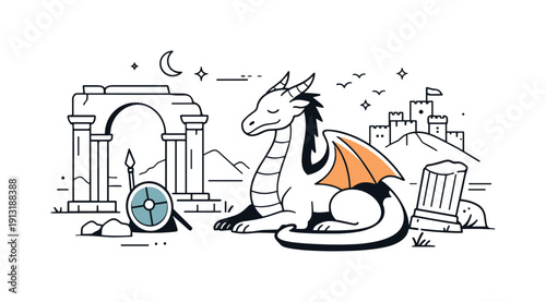 Mythical city defense. A dragon sits near stone arches and broken columns, wings folded peacefully. Editorial fantasy scene with calm power