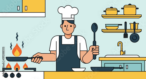 Chef Cooking in Kitchen.