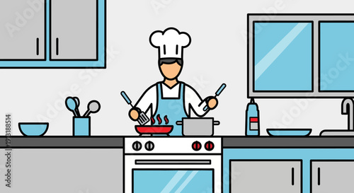 Chef Cooking in Modern Kitchen.