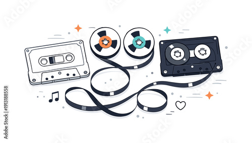 Vintage Cassette Art. Cassette and tape spools. Flat lay with opened cassette and exposed magnetic tape spiraling softly, suggesting music flow and vintage