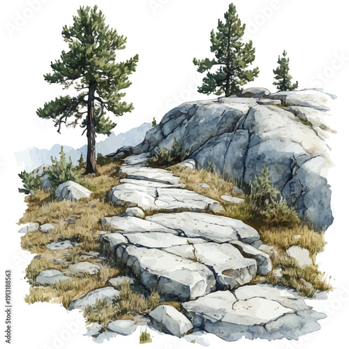 Nature Trail Summer Hike, watercolor illustration vector, isolated on a white background.