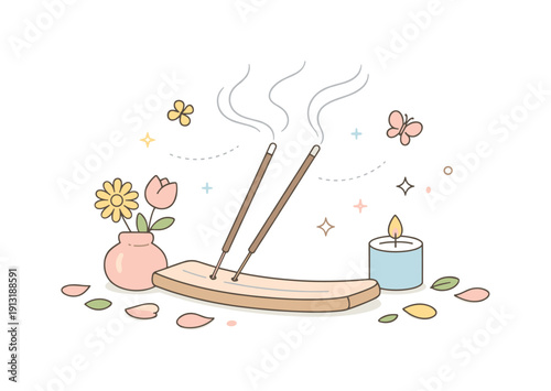 Incense sticks spring. A quiet editorial still life with incense sticks gently smoking beside scattered petals and pastel spring decor. The