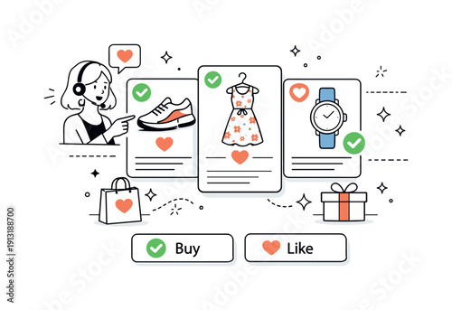 AI-powered shopping help. Virtual assistant recommending items based on preferences, focused and personalized experience. Screens with