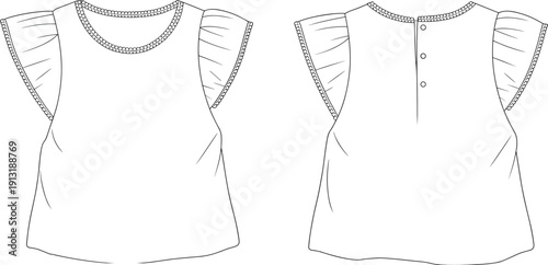 Line of two white blouses with decorative trim line decorative trim fashion clothing front and back views