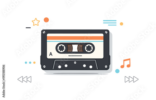 Retro Cassette Charm. Retro audio object minimal scene. A single cassette tape centered with abstract accents floating around it, soft shadow and subtle rewind
