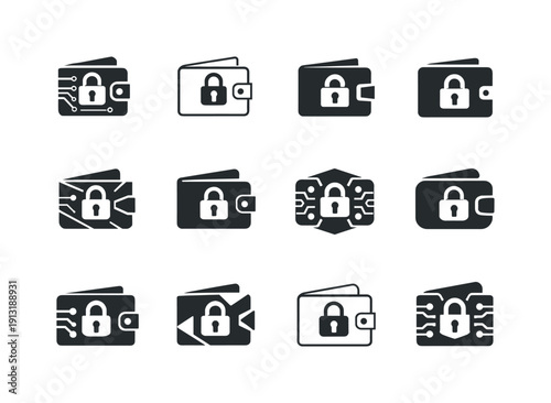 Crypto and blockchain technologies. Icon set. Set Logo of Crypto and blockchain technologies: crypto wallet with lock. harmonious logo