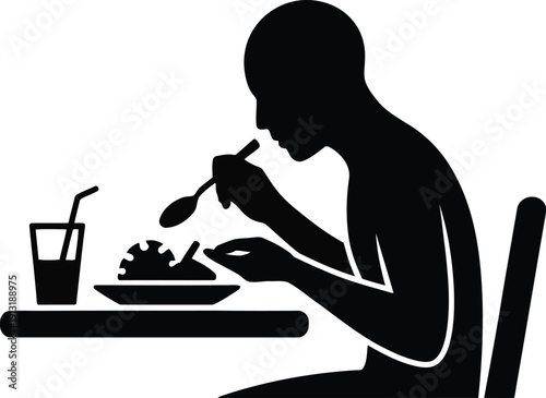 Black silhouette shows a person sitting at a table enjoying a simple meal with a refreshing drink