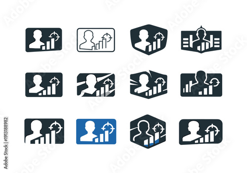 Esports analytics. Icon set. Set Logo of Esports analytics: player statistics card. harmonious logo variations of the same emblematic