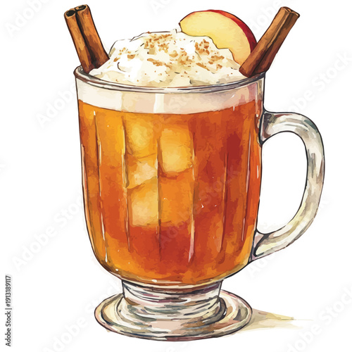 Mug Of Apple Cider, watercolor painting vector, isolated on a white background.
