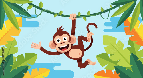 Cartoon Monkey Hanging from Vine Tree.