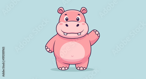 Cartoon Pink Hippopotamus Standing and Waving.