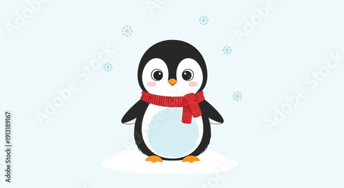 Cartoon Penguin Wearing Red Scarf Winter.