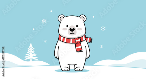 Cartoon Polar Bear Wearing Red Scarf.