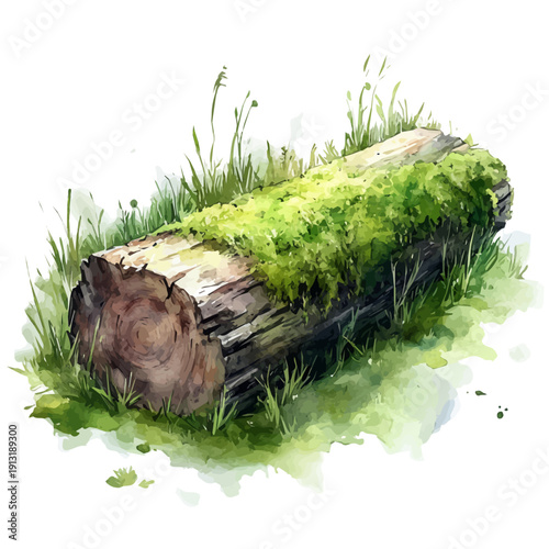 Mossy Forest Log, watercolor painting vector, isolated on a white background.