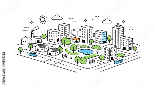 Urban planning model. A simplified city model with small buildings, streets, and green zones, representing organized urban development. The