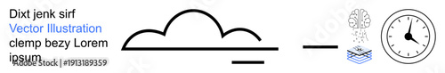 Cloud computing, time management, data processing, digital transformation, business solutions, information technology. Simple cloud with lines, brain and clock illustration. Cloud computing and time