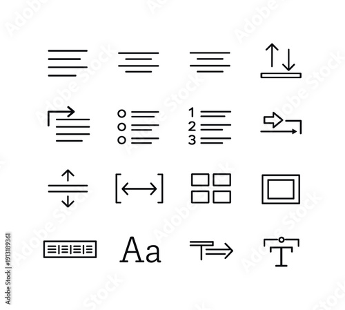 Text Formatting Controls. Line icon set of Text Formatting Controls: text alignment buttons, paragraph spacing control, indent text icon,