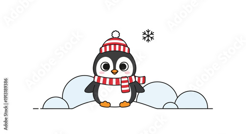 Penguin Wearing Winter Hat and Scarf.