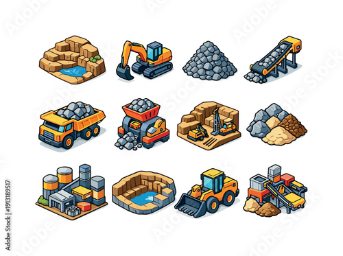 Mining and quarry. Colorful isometric vector icons set of mining and quarry: stone quarry, excavator, crushed rock pile, conveyor belt,