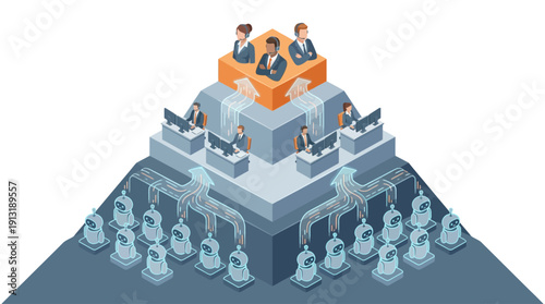 Isometric Contact Center SaaS Illustration showing AI Bots and Human Support Agents in a Pyramid Workflow Hierarchy for Scalable Customer Service and Digital Transformation