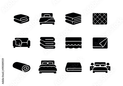 Cozy bedding. Solid icon set of cozy bedding: folded blanket, bed with blanket, layered blankets, quilted blanket, throw on sofa, blanket