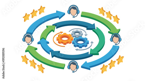 Isometric Customer Support SaaS Platform with Automated Workflow Call Center Agents and Five Star Rating Icons for Business Service Optimization and CRM Solutions