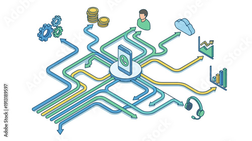 Isometric Cloud Contact Center SaaS Platform for Customer Support and Help Desk Management with Data Flow, Analytics, and Automation Icons for Business Communication and CRM Solutions