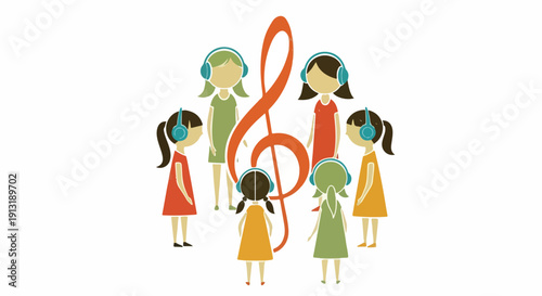 Stylized illustration of young girls wearing headphones, forming a circle around a prominent musical treble clef, symbolizing music education, enjoyment, and community.