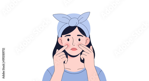 Illustration of a Woman with a Headband Pointing at Her Face, Representing Skincare or Facial Treatment.

