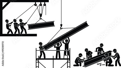 Construction workers silhouette building steel structure, engineers lifting heavy iron beams with crane hoist pulley, industrial cad drawing flat vector illustration site team