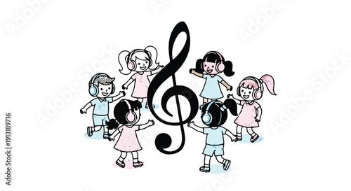 Children dancing around a treble clef wearing headphones, representing music education and fun activities