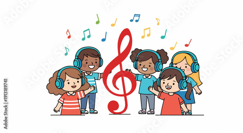 Diverse group of happy children wearing headphones, surrounding a treble clef with musical notes floating around them.