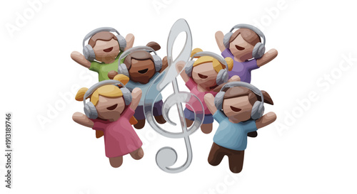 Diverse group of joyful 3D children characters wearing headphones, dancing around a treble clef, celebrating music, education, and fun.
