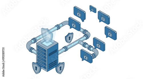 Isometric 3D Illustration of Secure Contact Center SaaS Infrastructure with Encrypted Messaging, Server Data Protection, and Cyber Security Shielding in Blue Professional Style
