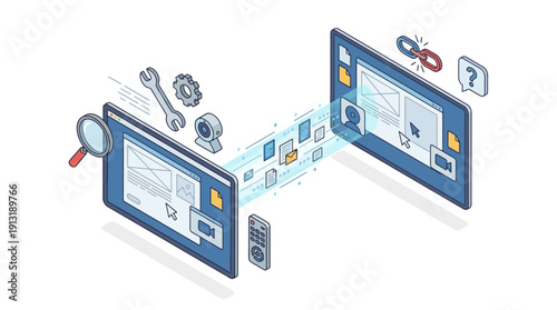 Isometric Contact Center SaaS Illustration with Data Transfer and Customer Support Icons, Blue Corporate Software Interface for Digital Transformation and Remote IT Help Desk Solutions