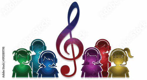 Diverse group of people wearing headsets around a colorful treble clef, symbolizing music, communication, and teamwork.