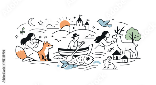 Visual folklore interpretation. Abstract scenes inspired by folk stories, blending human figures with symbolic animals and nature elements.