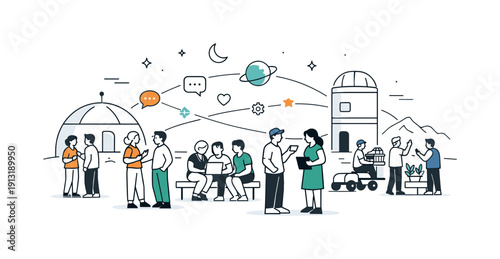 Community life on a distant planet. People gather in a shared space between habitats, talking and collaborating. Belonging, mutual support,