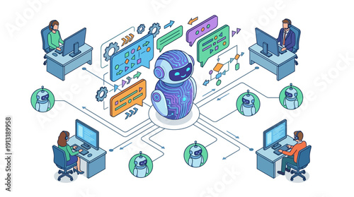 Isometric AI Customer Support and Contact Center SaaS Illustration with Human Agents and Chatbot Automation for Business Communication and Help Desk Efficiency