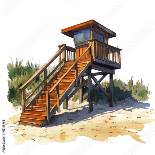 Lifeguard Tower Beach View, watercolor vector, isolated on a white background.