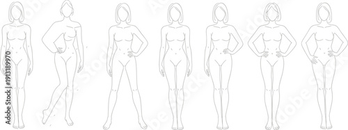 Six female body outlines in different poses line poses anatomy