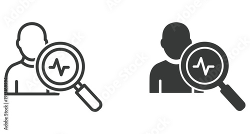 Patient diagnostic screening symbol featuring human figure and magnifying glass for heart rate