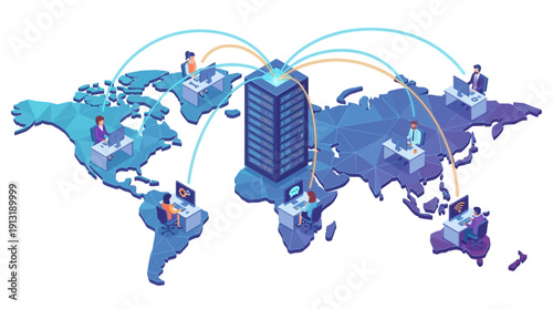 Isometric Global SaaS Contact Center and Cloud Server Infrastructure with Remote Support Agents on World Map for Business Outsourcing, Digital Transformation, and Network Connectivity