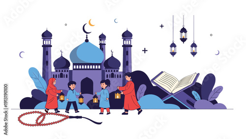 Muslim families celebrate ramadan by gathering near a mosque with traditional lanterns and religious symbols like quran and beads.