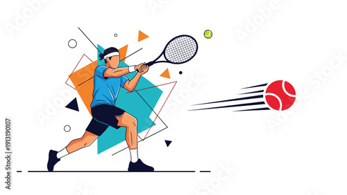 Dynamic tennis player action illustration shows a male athlete hitting a ball with a racquet against a colorful abstract background.