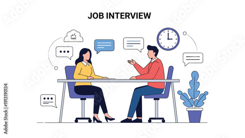 Professional job interview concept depicts a man and woman discussing career opportunities in an office setting with speech bubbles.