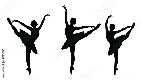 Three dancers performing a ballet routine in a synchronized manner isolated on white background, Vector